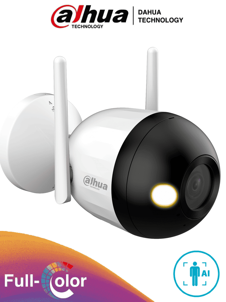 DAHUA F2C-LED - Cámara IP Bullet Wifi de 2 Megapíxeles/ Full Color/ Microfono Integrado/ 30 Mts de Luz Visible/ Ranura para MicroSD/ Lente 2.8mm/ IA con Detección de Humanos/ IP67/