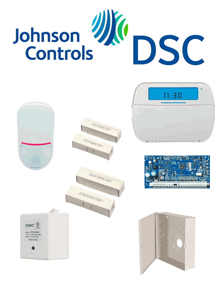 DSC NEO-ICON-SB - Paquete SERIE NEO con panel HS2032 de 8 zonas cableadas expandible a 32/Teclado de Iconos HS2ICN /Sensor PIR LC200s- PI Cableado/2 contactos blancos cableados/Transformador/Gabinete GTVCMX003/Sin Batería/