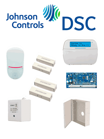 DSC NEO-LCD-SB - Paquete SERIE NEO con panel HS2032 de 8 zonas cableadas expandible a 32 / Teclado Alfanumérico HS2LCDN / Sensor PIR LC-200S Cableado / 2 contactos blancos cableados / Transformador / Gabinete GTVCMX003