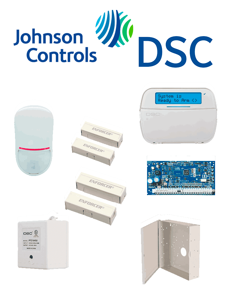 DSC NEO-LCD-SB - Paquete SERIE NEO con panel HS2032 de 8 zonas cableadas expandible a 32 / Teclado Alfanumérico HS2LCDN / Sensor PIR LC-200S Cableado / 2 contactos blancos cableados / Transformador / Gabinete GTVCMX003
