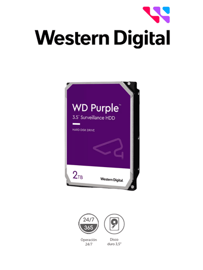 WESTERN DIGITAL WD23PURZ - Disco duro de 2TB / Serie Purple para videovigilancia / Trabajo 24/7/ Interface: Sata 6 Gb/s/ Hasta 64 Cámaras/ Hasta 8 Bahías de Discos Duros/ 3 Años de Garantía