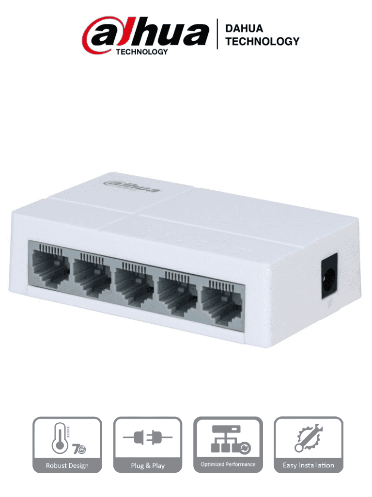 DAHUA PFS3005-5GT-L - Switch para Escritorio 5 Puertos/ Gigabit Ethernet/ 10/100/1000/ Diseño Compacto/ Capa 2/ Switching 10 Gbps/ Velocidad de Reenvio de Paquetes 7.44 Mbps/ Blanco