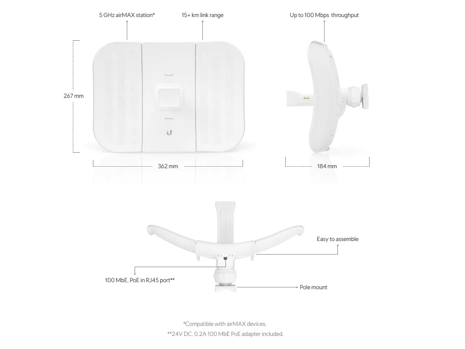 UBIQUITI LiteBeam M5 LBE-M5-23 - Radio (CPE) airMAX M5, operando en 5 GHz (5150 - 5875 MHz), con antena integrada de 23 dBi y potencia de transmisión de 25 dBm. Cuenta con 1 puerto Ethernet (10/100) y ofrece un rendimiento de hasta 100 Mbps