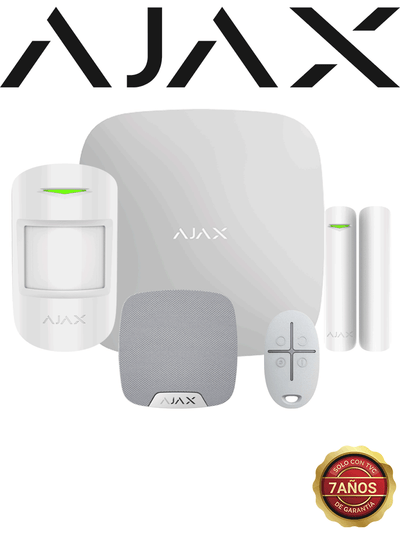 AJAX KIT BASIC RESIDENCIAL LIGHT - Panel de alarma Hub2 conexión ETHERNET APP “AJAX PRO” iOS y Android , 1 sensor de movimiento, 1 detector para puerta o ventana, 1 control remoto y una sirena interior inalámbrica color Blanco