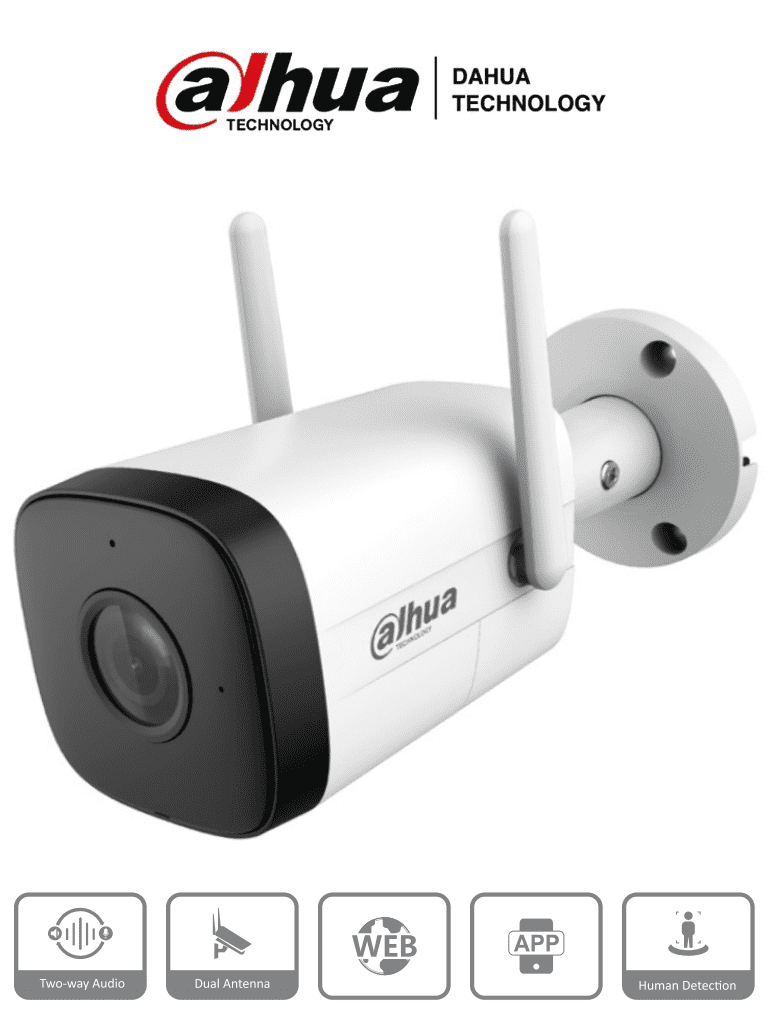 DAHUA IPC-HFW1230DT-STW Camara IP Bullet Wifi de 2 Megapixeles/ Lente de 2.8 mm/ 100 Grados de Apertura/ IR de 30 Metros/ H.265/ Microfono y Altavoz Integrados/ Ranura MicroSD/ IP67/ Detección de Humanos/