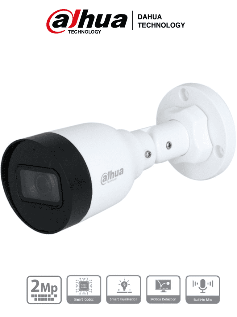 DAHUA IPC-HFW1230S1-A-S5 Camara IP Bullet de 2 Megapixeles/ Lente de 2.8mm/ 102 Grados de Apertura/ Micrófono Integrado/ H.265+/ IR de 30 Metros/ IP67/ PoE/ DWDR/