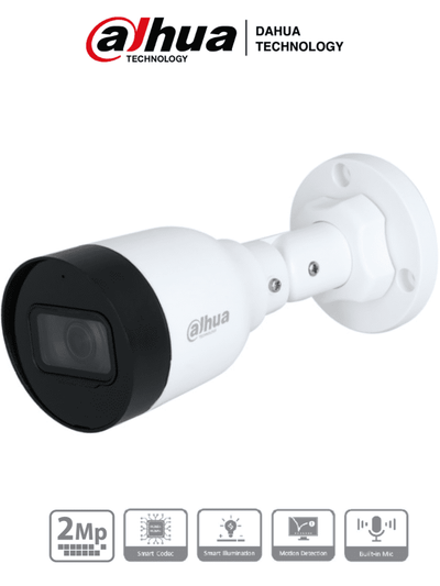 DAHUA IPC-HFW1230S1-A-S5 Camara IP Bullet de 2 Megapixeles/ Lente de 2.8mm/ 102 Grados de Apertura/ Micrófono Integrado/ H.265+/ IR de 30 Metros/ IP67/ PoE/ DWDR/