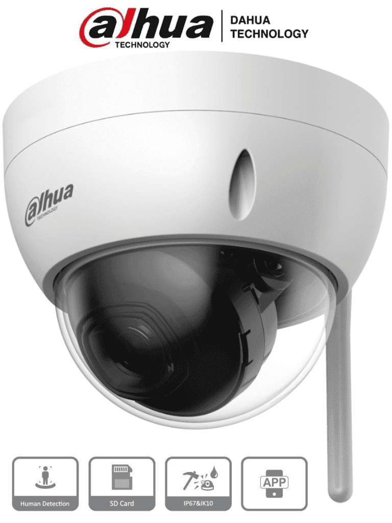 DAHUA IPC-HDBW1230DE-SW Camara IP Domo Wifi de 2 Megapixeles/ Lente de 2.8 mm/ 100 Grados de Apertura/ IR de 30 Metros/ Ranura para MicroSD/ IP67/ Antivandalica Ik10/ Detección de Humanos SMD/ Hasta 80 Metros de Alcance en Area Abierta/