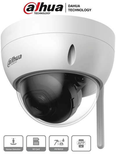 DAHUA IPC-HDBW1230DE-SW Camara IP Domo Wifi de 2 Megapixeles/ Lente de 2.8 mm/ 100 Grados de Apertura/ IR de 30 Metros/ Ranura para MicroSD/ IP67/ Antivandalica Ik10/ Detección de Humanos SMD/ Hasta 80 Metros de Alcance en Area Abierta/