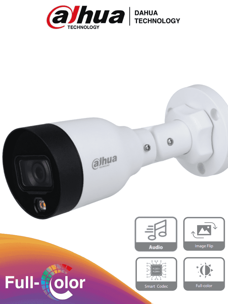 DAHUA IPC-HFW1239S1-A-LED-S5 Camara IP Bullet Full Color de 2 Megapixeles/ Lente de 2.8mm/ 102 Grados de Apertura/ Microfono Integrado/ H.265+/ 15 Metros de Luz Visible/ IP67/ PoE/ DWDR/