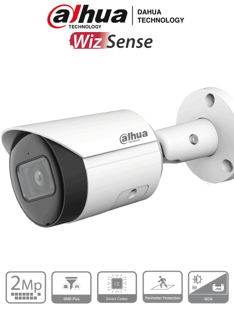 DAHUA IPC-HFW2241S-S Camara IP Bullet de 2 Megapixeles/ Lente de 2.8 mm/ WizSense/ 107 Grados de Apertura/ IR de 30 Metros/ SMD Plus/ Microfono Integrado/ PoE/ Ranura para MicroSD/ IP67/ WDR Real de 120 dB/