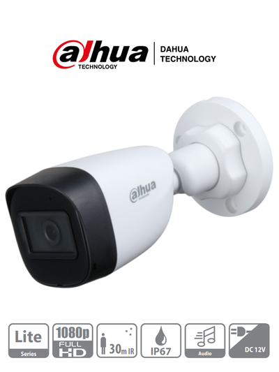 DAHUA HAC-HFW1200CN-A - Cámara Bullet 1080p/ Micrófono Integrado/ Lente de 2.8mm/ 30 Mts de Ir/ IP67/ Policarbonato/ CVI/CVBS/AHD/TVI/ BLC/HLC/DWDR/