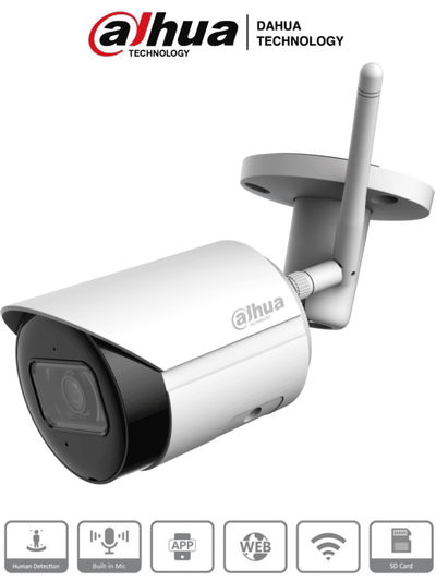 DAHUA IPC-HFW1430DS-SAW Camara IP Bullet Wifi de 4 Megapixeles/ Lente de 2.8mm/ 90 Grados de Apertura/ H.265+/ IR de 30 Metros/ Microfono Integrado/ Ranura para MicroSD/ Metalica/ IP67/ DWDR/ Videoanaliticos con SMD/