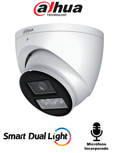 DAHUA HAC-HDW1239TN-IL-A-S3 - Camara Domo de 2 Megapixeles/ Iluminador Dual Inteligente+Full Color/ Lente de 2.8 mm/ 107 Grados/ Microfono Integrado/ WDR Real de 130 dB/ 40 Metros de Iluminación IR y Visible/ IP67/