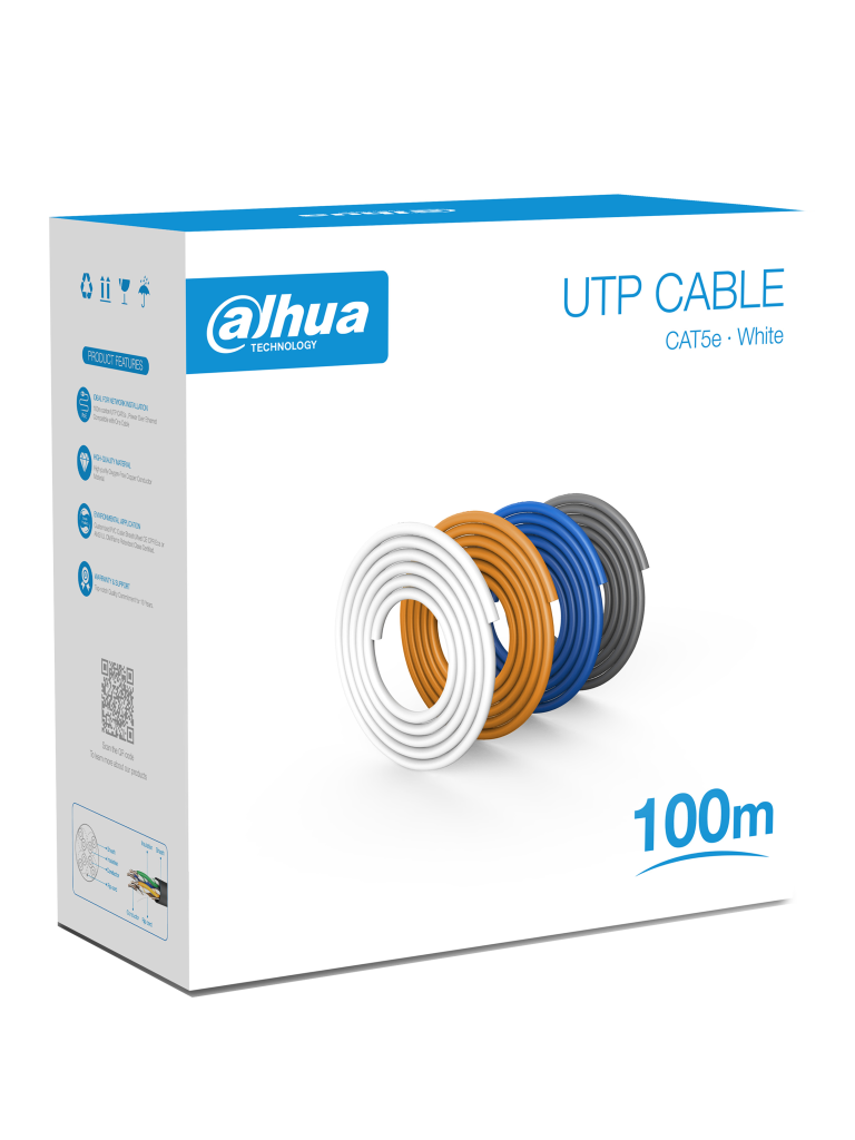 DAHUA PFM920I-5EU-U-100 - Bobina de 100 Mts de Cable UTP Cat5e/ 100% Cobre/ Color Blanco/ Cubierta Retardante de Flama con Certificacación ANSI/ UL CM/ Ideal para Video y Redes/