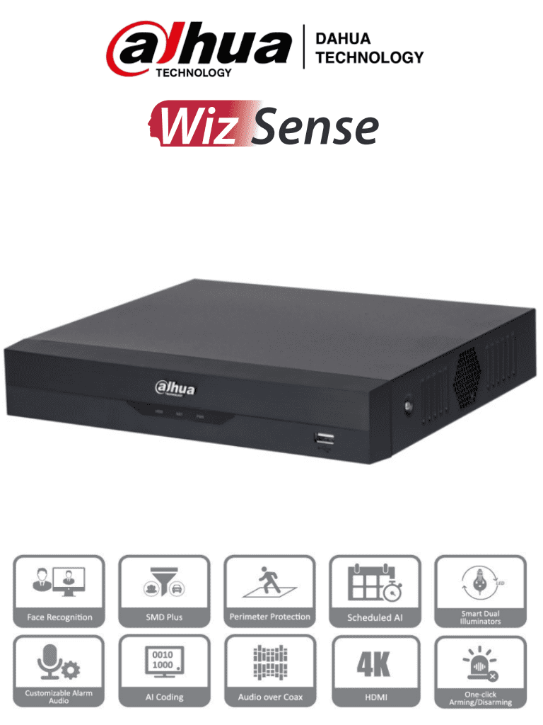 DAHUA XVR5104HS-4KL-I3 - DVR de 4 Canales 4k/ WizSense/ H.265+/ 4 Canales HDCVI+4 IP/ Hasta 8 Ch IP/ 1 Ch de Reconocimiento Facial/ Codificación con IA/ SDM Plus/ 1 Ch Proteccion Perimetral/ 1 SATA de hasta 10TB/ Funciones IoT & POS/