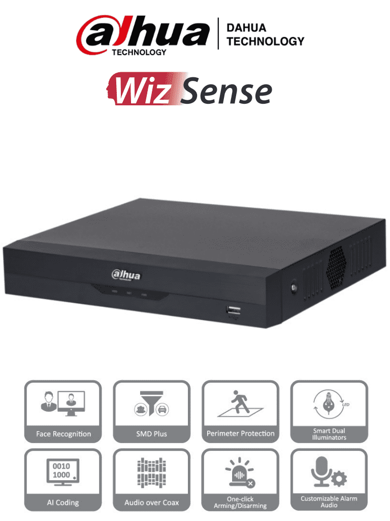 DAHUA XVR5104HS-I3 - DVR de 4 Canales 5 Megapixeles Lite/ WizSense/ IA/ H.265+/ +2 Canales IP/ Hasta 6 Canales IP/ 1 Canal de Reconocimiento Facial/ 1 Ch Protección Perimetral/ SDM Plus/ Codificación IA/ Funciones IoT & POS/ 1 SATA/