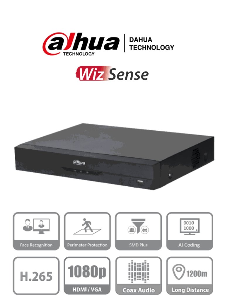 DAHUA XVR5108HE-I3 - DVR de 8 Canales 5 Megapixeles Lite/ WizSense/ H.265+/ 8 Canales +4 IP/ Hasta 12 Ch IP/ 1 Canal de Reconocimiento Facial/ SMD Plus/ Protección Perimetral/ 1 Puerto SATA/ 8&3 E&S de Alarmas/ 8 Entradas de Audio/ IoT&POS/ 