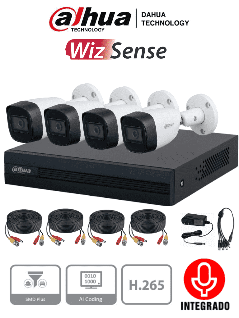 DAHUA KITXVR1B04-I+HFW1200CMA- Kit de 4 Canales de 2 Megapixeles con Audio/ DVR Cooper-I WizSense/ Con IA/ H.265+/ 4 Camaras Metalicas con Microfono Integrado/ 4 Ch+ 1 IP o Hasta 5 Ch IP/ 4 Ch SMD Plus/ Accesorios Incluidos/ 