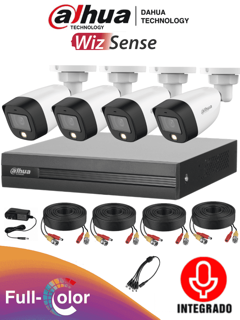 DAHUA FULLCOLORKIT-A - Kit de 4 Canales Full Color de 2 Megapixeles con Audio/ DVR Cooper-I WizSense/ Con IA/ 4 Cámaras Full color de 2 Megapixeles con Microfono Integrado/ 4 Ch + 1 IP/ 4 Ch SMD Plus/ Accesorios Incluidos/ Busqueda de Humanos/
