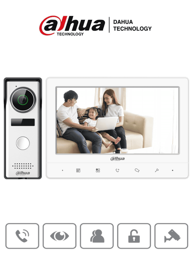 DAHUA KTA02 - Kit de Videoportero Analógico/ Monitor con Pantalla de 7 Pulgadas/ Botones Touch/ Frente de Calle con Camara de 1.3 Megapixeles/ DWDR/ IP66/ Apertura de Puerta/ Soporta Hasta 2 Frentes de Calle + 3 Monitores/