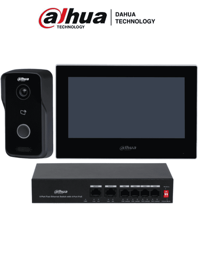 DAHUA KTP03 - Kit de Videportero IP/ Monitor de 7 Pulgadas. Frente de Calle y Switch PoE/ 6&1 E&S de Alarma/ Frente de Calle IP65/ IR/ Apertura Remota / Switch de 4 Puertos PoE 10/100/ 2 Puertos Uplink/ Controla 1 Puerta