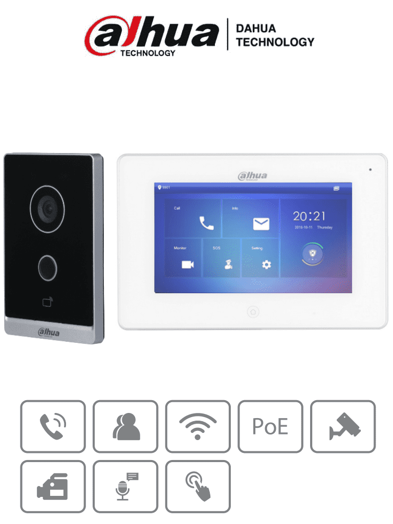 DAHUA KTW01 - Kit de Videoportero WiFi/ Monitor con Pantalla de 7"/ 6 Entradas de Alarmas/ 8 Zonas de Alarma Inalámbricas/ Ranura MicroSD/ Graba y Captura Imágenes/ Camara de 2MP con WDR Real e IR/ Controla 2 Puertas/ Apertura con Tarjeta