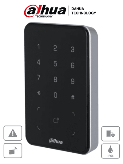 DAHUA ASR2101A-D - Lectora de Tarjetas ID con Teclado para Panel de Control de Acceso/ Uso Exterior/ Soporta Comunicación Wiegand y RS-485/ Modos de desbloqueo: Tarjeta y Codigo/ Alarma Anti-manipulación/ IP66/ Zumbador e Indicador de Aviso