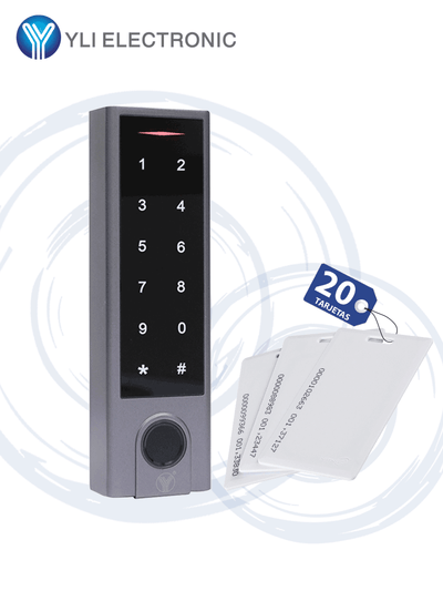 YLI YK1068APAK - Teclado touch para control de acceso standalone con métodos de verificación por huella, tarjetas ID o password / Soporta equipos esclavo por protocolo Wiegand / Señales NC y NO / Contiene 20tarjetas