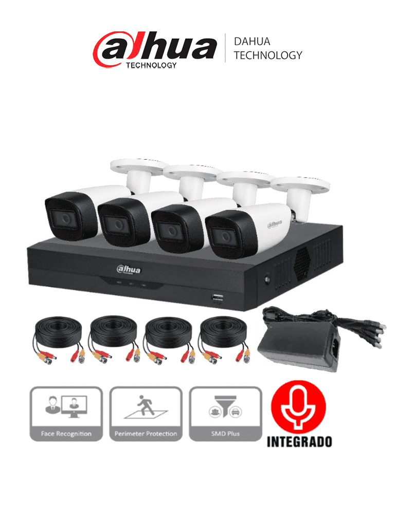 DAHUA KITXVR5104HS4KLI3+4HFW1500CMA- Kit de 4 Canales de 5 Mp con Audio/ DVR WizSense con Reconocimiento de Rostros/ H.265+/ 4 Camaras Metalicas/ 4 Ch + 4 IP o Hasta 8 Ch IP/ 4 Ch SMD Plus/ Busqueda de Humanos y Vehiculos/ Accesorios Incluidos/