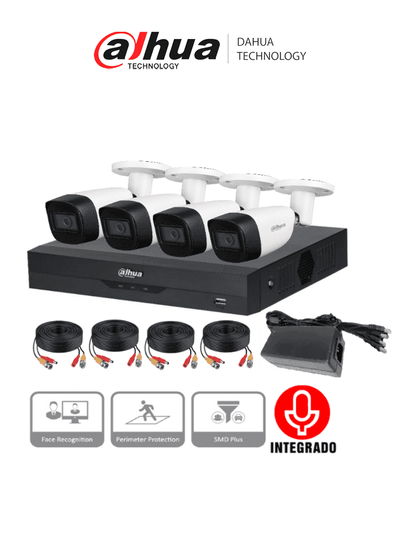 DAHUA KITXVR5104HS4KLI3+4HFW1500CMA- Kit de 4 Canales de 5 Mp con Audio/ DVR WizSense con Reconocimiento de Rostros/ H.265+/ 4 Camaras Metalicas/ 4 Ch + 4 IP o Hasta 8 Ch IP/ 4 Ch SMD Plus/ Busqueda de Humanos y Vehiculos/ Accesorios Incluidos/