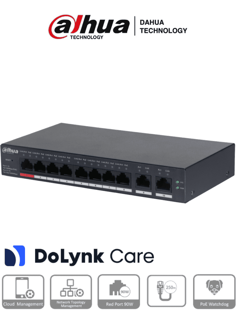 DAHUA CS4010-8ET-110 - Switch Poe de 10 Puertos/ 8 Puertos PoE 10/100/ 2 Puertos Uplink 10/100/1000/ 110 Watts Totales/ Administrable en la Nube por DoLynk Care/ PoE Hasta 250 Metros/ Carcasa Metalica/ Switching 5.6 Gbps/