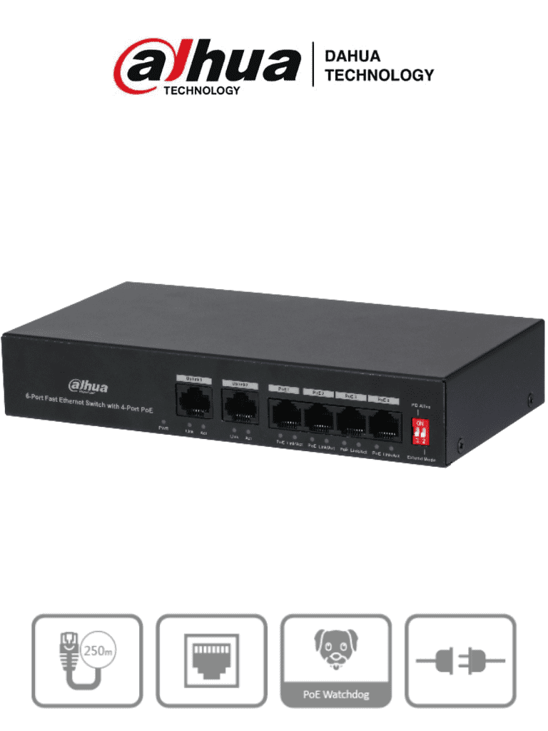 DAHUA PFS3006-4ET-36 - Switch PoE de 6 Puertos Fast Ethernet/4 Puertos PoE 10/100/ 2 Puertos uplink 10/100/ 36 Watts Totales/ Switching 1.2 Gbps/ Tasa de Reenvio de Paquetes .89 Mbps/ con Protección de Descargas/