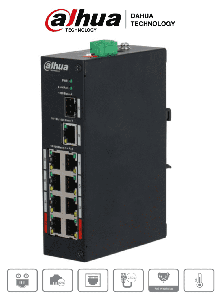 DAHUA PFS3110-8ET-96 - Switch PoE de 10 Puertos/ 8 Puertos PoE/ 1 Puerto SFP de 1000 Mbps/ 1 Puerto Puerto RJ45 10/100/1000/ 96 Watts Totales/ Soporta PoE Watchdog/ Switching 7.6 Gbps/ Tasa de Reenvio de Paquetes de 4.17 Mbps/