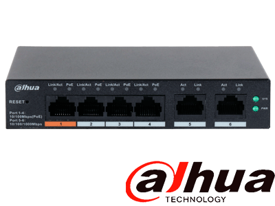 DAHUA CS4006-4ET-60 - Switch PoE de 6 Puertos Administrable/ 4 Puertos PoE 10/100/ 2 Puertos Uplink 10/100/1000/ 60 Watts Totales/ Administrable en la Nube por DoLynk Care/ PoE Hasta 250 Metros/ Carcasa Metalica/ Switching 4.8 Gbps/
