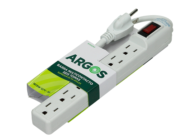 ARGOS 9700250 - Barra multicontactos con supresor de picos / 6 tomas aterrizadas / Uso interior / Color blanco / 110-125V AC / 1875W /