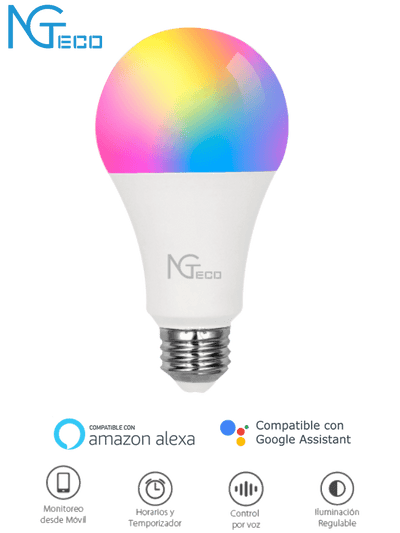 NGTECO NGL200 - Foco LED Inteligente WiFi de 9W, con color regulable y control remoto a través de app. Compatible con control por voz, Amazon Alexa y Google Assistant.