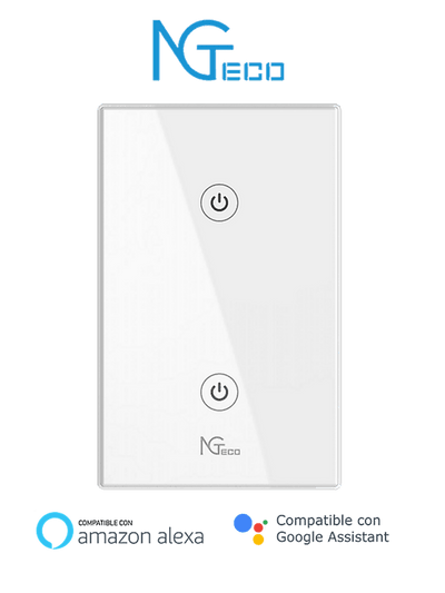 NGTECO NGS102 - Apagador Inteligente WiFi 2 Botones Touch / Control Remoto vía App / Control por Voz / Temporizador / Panel Táctil de Alta Sensibilidad / WiFI 2.4 GHz / Se requiere Cable Neutro / Compatible con Alexa y Asistente de Google