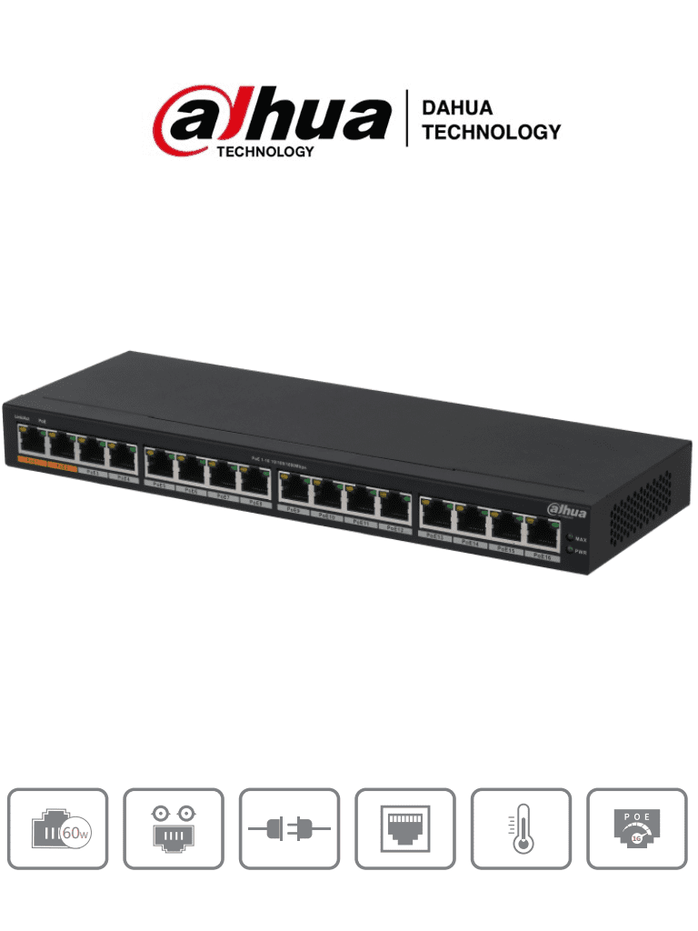 DAHUA DH-PFS3016-16GT-190 - Switch Poe Gigabit de 16 Puertos PoE Gigabit/ 190 Watts Totales/ Los 2 Puertos Naranjas Soportan Hi-PoE Estandar/ Switching 32 Gbps/ Tasa de Reenvio de paquetes 23.808 Mbps/ Protección Contra Descargas/