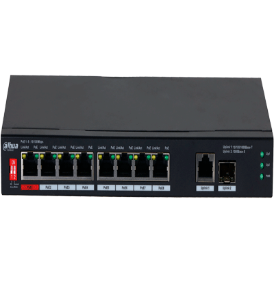 DAHUA PFS3110-8ET1GT1GF-96 -Switch PoE de 10 Puertos/ 8 Puertos Poe 10/100/ 1 Puerto SFP de 1000 Mbps/ 1 Puerto Uplink de 10/100/1000/ 96 Watts Totales/ Alimentación hasta 250 Mts/ Soporta PoE Whatchdog/ Puerto Rojo soporta IEEE 802.3bt/