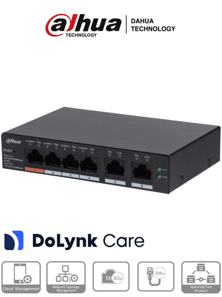 DAHUA CS4006-4GT-60 - Switch PoE de 6 Puertos Gigabit/ 4 Puertos PoE 10/100/1000/ 2 Puertos Uplink 10/100/1000/ 60 Watts Totales/ Administrable en la Nube por DoLynk Care/ PoE Hasta 250 Metros/ Carcasa Metalica/ Switching 12 Gbps/
