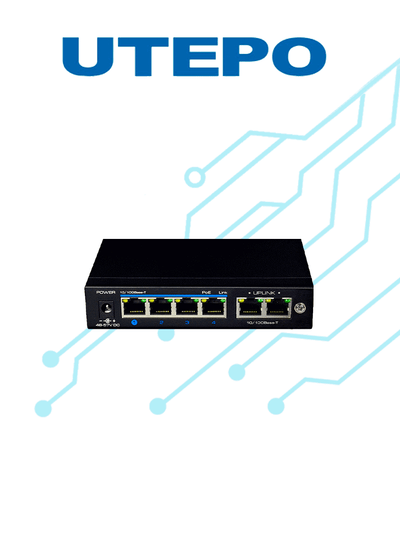 UTEPO UTP3SW04TP60 - Switch PoE de 6 Puertos Fast Ethernet/ 4 Puertos PoE/ 60 Watts Totales/ 2 Puertos Uplink/ 802.3 AF&AT/ No administrable/ Modo CCTV/