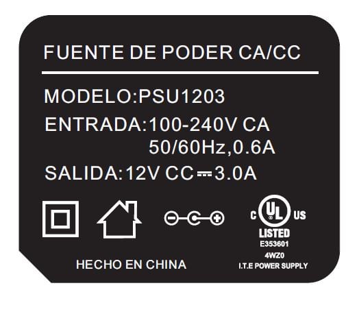 SAXXON PSU1203E - Fuente de Poder Regulada de 12 Vcc 3 Amperes/ Cable de 1.2 Metros/ Para Usos Multiples: Sistemas de CCTV, Acceso, Asistencia, etc/ Certificación UL/