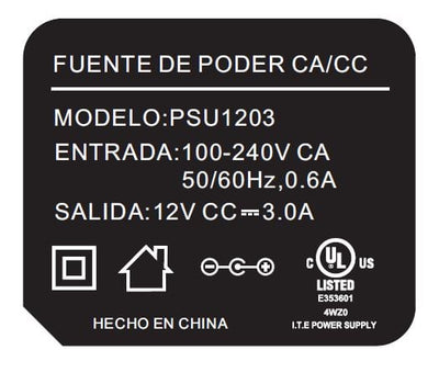 SAXXON PSU1203E - Fuente de Poder Regulada de 12 Vcc 3 Amperes/ Cable de 1.2 Metros/ Para Usos Multiples: Sistemas de CCTV, Acceso, Asistencia, etc/ Certificación UL/