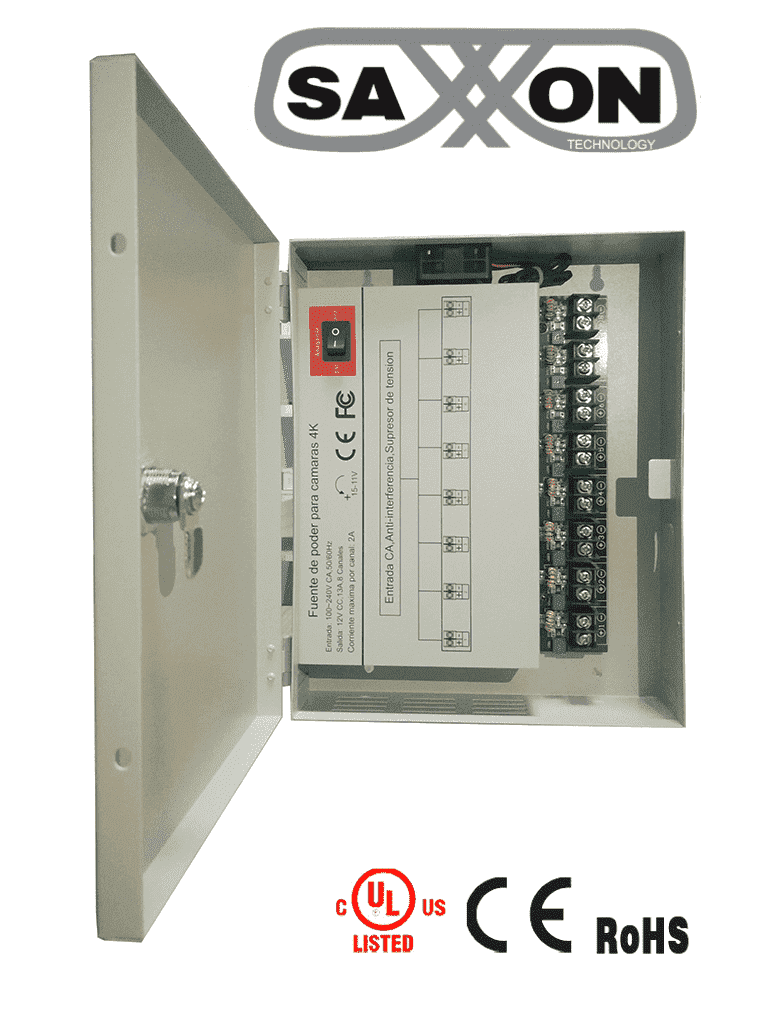 SAXXON PSU1213D8H- Fuente de Poder Profesional de 11 a 15 vcd/ 13 Amperes/ Para 8 Camaras Hasta 4k/ 1.6 Amperes por Canal/ Protección contra Sobrecargas/ Filtro de Ruido por Canal/ Uso rudo/