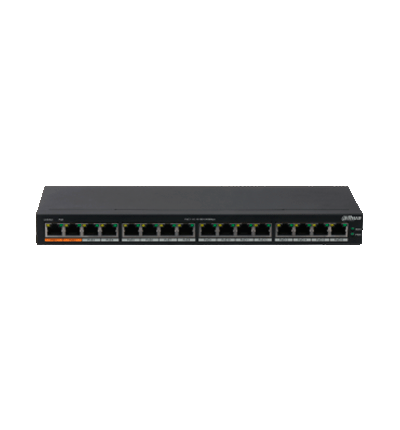 DAHUA DH-PFS3016-16GT-190 - Switch Poe Gigabit de 16 Puertos PoE Gigabit/ 190 Watts Totales/ Los 2 Puertos Naranjas Soportan Hi-PoE Estandar/ Switching 32 Gbps/ Tasa de Reenvio de paquetes 23.808 Mbps/ Protección Contra Descargas/