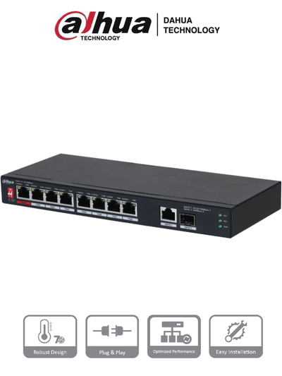 DAHUA PFS3110-8ET1GT1GF-96 -Switch PoE de 10 Puertos/ 8 Puertos Poe 10/100/ 1 Puerto SFP de 1000 Mbps/ 1 Puerto Uplink de 10/100/1000/ 96 Watts Totales/ Alimentación hasta 250 Mts/ Soporta PoE Whatchdog/ Puerto Rojo soporta IEEE 802.3bt/