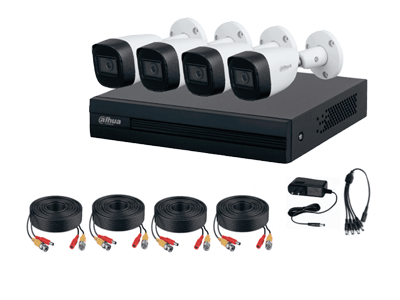 DAHUA KITXVR1B04-I+HFW1200CMA- Kit de 4 Canales de 2 Megapixeles con Audio/ DVR Cooper-I WizSense/ Con IA/ H.265+/ 4 Camaras Metalicas con Microfono Integrado/ 4 Ch+ 1 IP o Hasta 5 Ch IP/ 4 Ch SMD Plus/ Accesorios Incluidos/ 